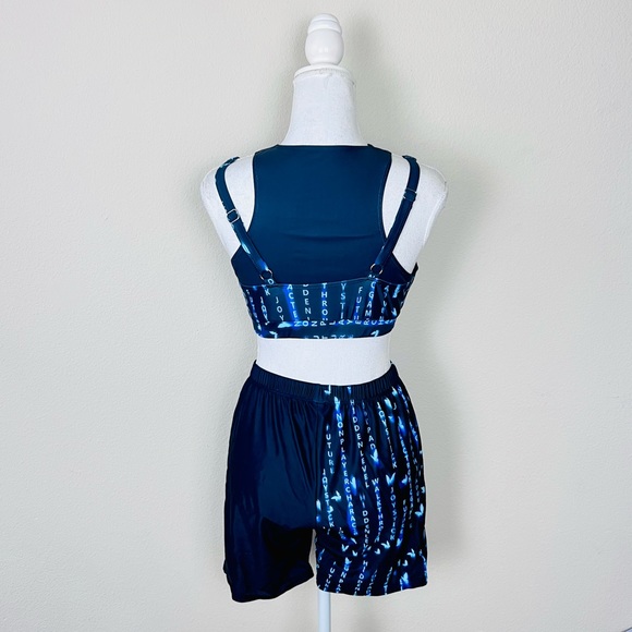 Blue Black Colorblock Matrix Futuristic Asymmetrical Crop Top & Biker Shorts Set - Picture 2 of 15